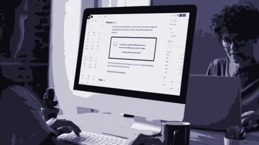 Illustration af personer der arbejder med WordPress' block editor.