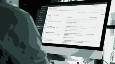 Illustration af person der sidder foran en skærm med WordPress plugins liste åben.