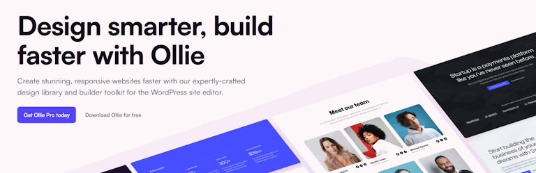 Ollie er et full site editing theme, der kombinerer hastighed, tilgængelighed og designbiblioteker for at skabe responsive WordPress-sider uden kode.
